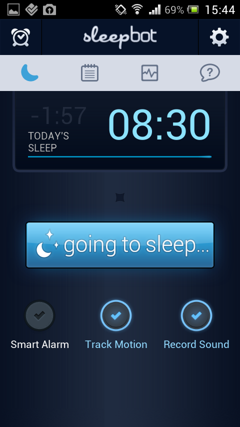 A Sleepbot kezdő felülete, az én beállításaim szerint az automatikus ébresztés ki van kapcsolva.